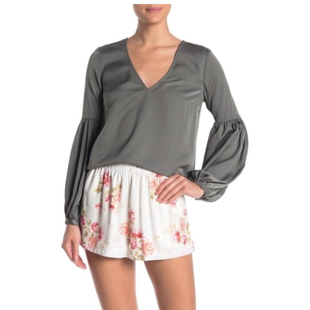 L'Academie Maya Blouse Olive Green V-Neck Long Sleeve Balloon Size Small‎